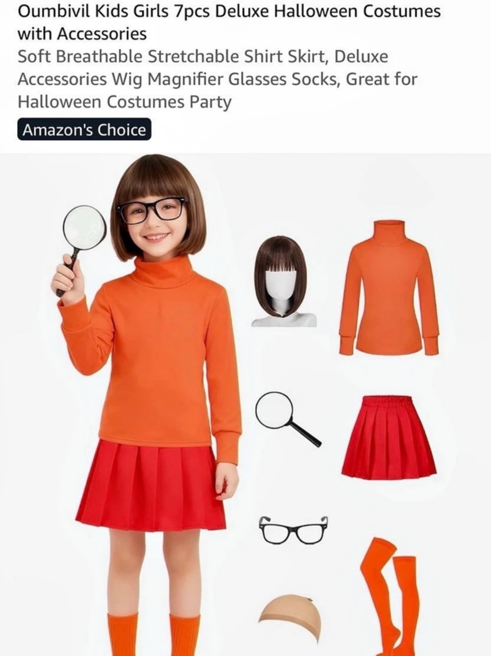 Girls 7pcs Halloween Velma costume & Accessories - NWT